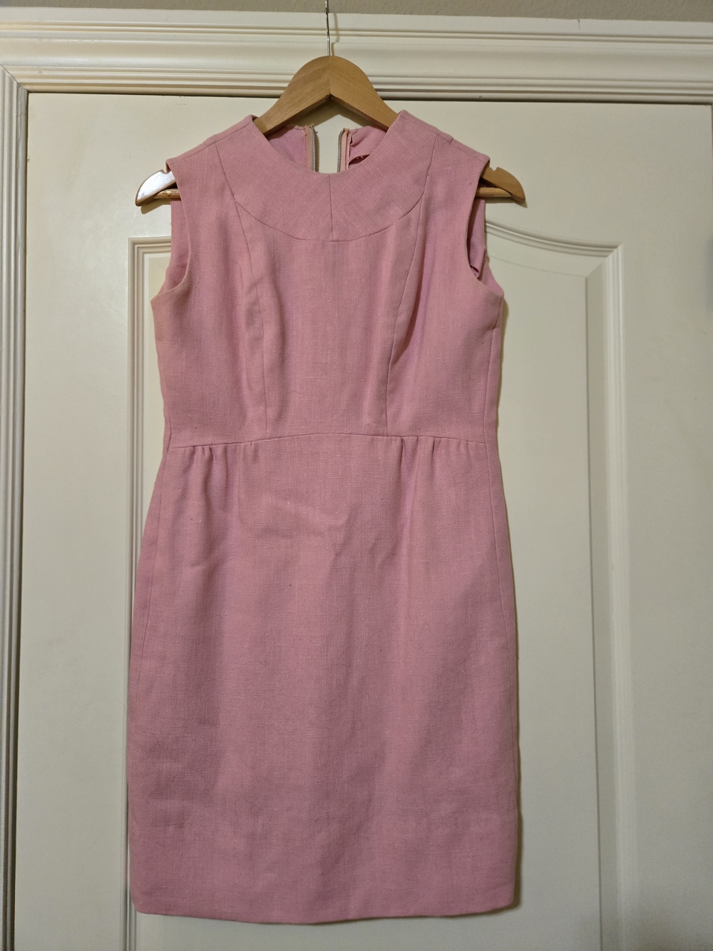 Sleeveless Pink Midi Sheath Dress with Tailored Seams Lined Linen Blend Handsewn